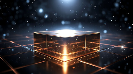 Floating copper square layers orbiting around a black cylindrical core, with glowing underlight and ultra-sharp metal reflections