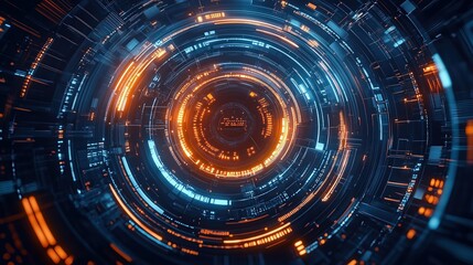 Obraz premium An Abstract Futuristic Technology Background Featuring Circular Glowing Elements and a Portal Gate in a Cyberpunk Style with Dark Blue and Orange Color Scheme, Highly Detailed and High Resolution