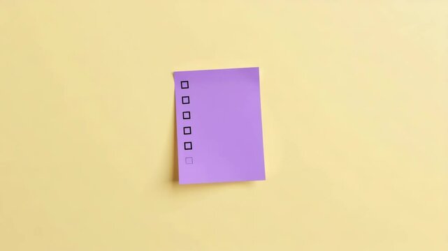 A purple checklist note with five empty boxes sits on a plain yellow background.