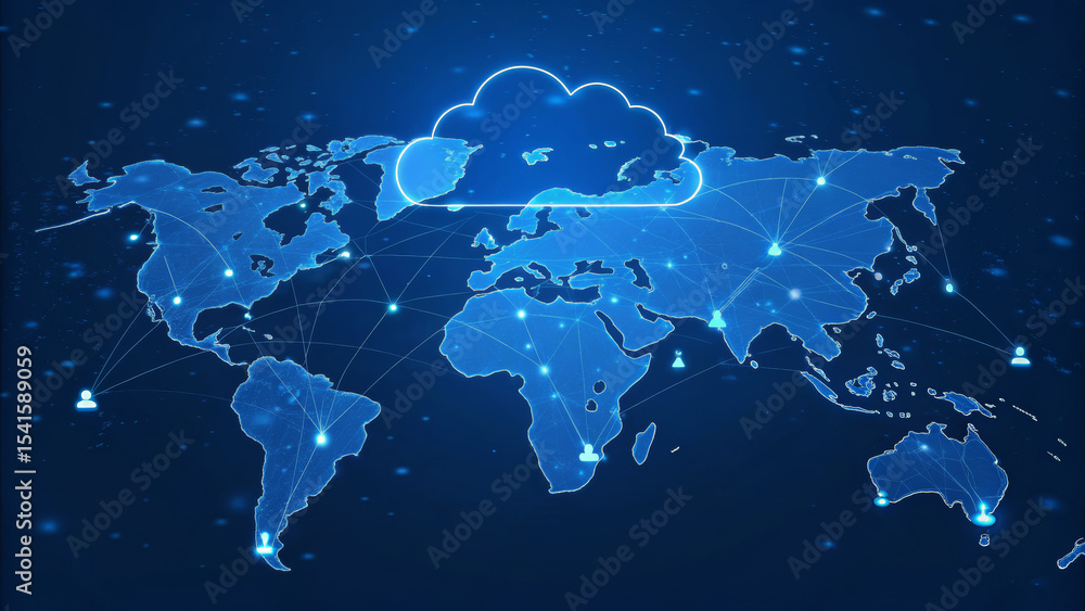 Aufkleber cloud world map digital network technology connection blue global. ai support for remote teams with 
