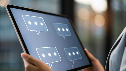 Chat bubble, digital screen, communication, technology, remote work. AI support for remote teams with customer service