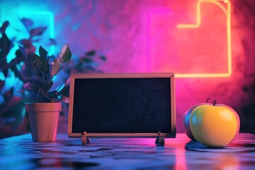 Artistic still life composition with blackboard in sharp detail, background neon colored blur
