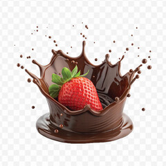 realistic 3d chocolate cream splash into strawberry in crown style isolated on transparent background