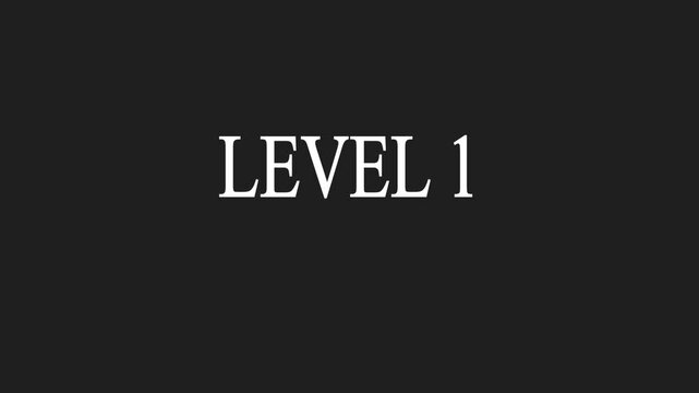 Retro animation of level glitch text with glitch effect on black background. Glitch level 1 text font. Level sign text animation. Level text animation with white color and black background. Video ,