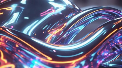 Unfolding metallic ribbon undulating in abstract digital space, with neon gleams in pink and blue - Powered by Adobe