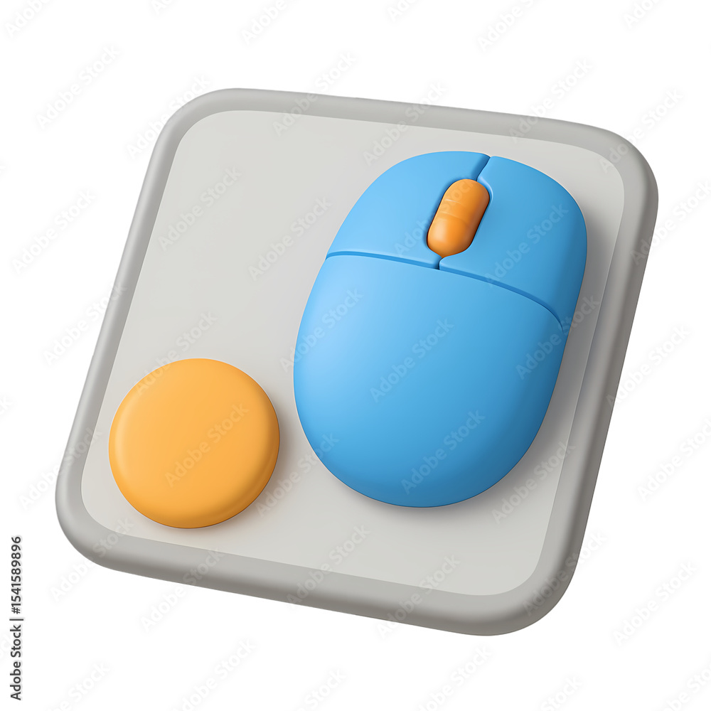 Fototapete 3d render of a blue computer mouse with orange scroll wheel, modern glossy style, isolated on white.