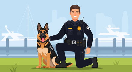 Adobe illustrator artwork vector illustration: A smiling police officer kneels beside his German Shepherd K9 partner in a park, ready for duty