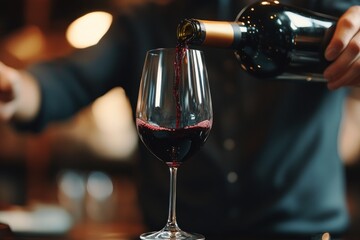 Aesthetic close-up of bottle and glass, wine pouring moment, male presence