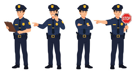 Adobe illustrator artwork vector illustration set of diverse male and female police officers in various poses. Represents law enforcement professionals