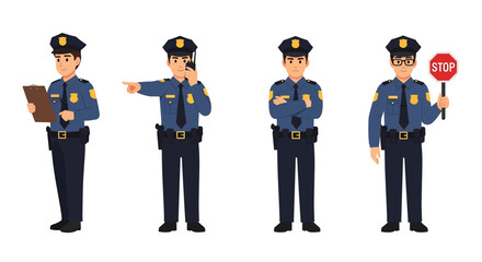 Adobe illustrator artwork vector illustration set of diverse male and female police officers in various poses. Represents law enforcement professionals