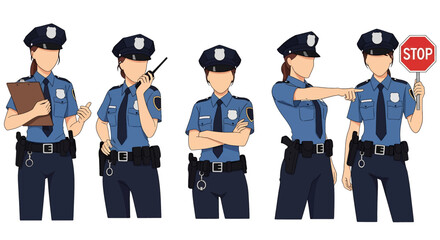 Adobe illustrator artwork vector illustration set of diverse male and female police officers in various poses. Represents law enforcement professionals