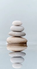 Stacked stones, serene and balanced, sit atop still water, reflecting perfectly