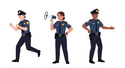 Adobe illustrator artwork vector illustration set of diverse male and female police officers in various poses. Represents law enforcement professionals