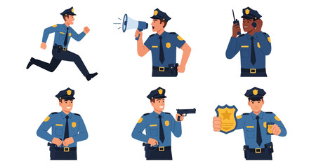 Adobe illustrator artwork vector illustration set of diverse male and female police officers in various poses. Represents law enforcement professionals