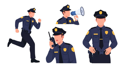 Adobe illustrator artwork vector illustration set of diverse male and female police officers in various poses. Represents law enforcement professionals