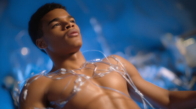 Young man undergoing stress ECG test with electrodes and leads