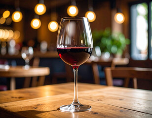 a glass of red wine on a table with a dimly lit cafe background
