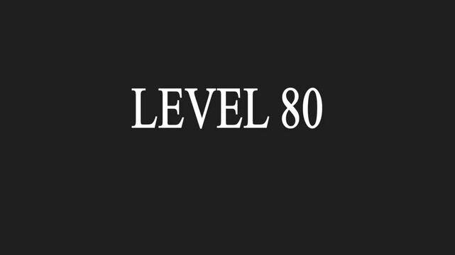 Retro animation of level glitch text with glitch effect on black background. Glitch level 80 text font. Level sign text animation. Level text animation with white color and black background. Video ,