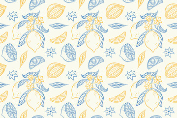 Seamless pattern with line art style lemon, leaf and flower on a white background. Perfect for textile, packaging, summer and fresh fruit design.