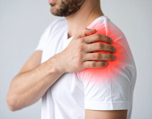 someone holding a sore shoulder. Concept of shoulder pain, inflammation, gout, joint pain, muscle pain