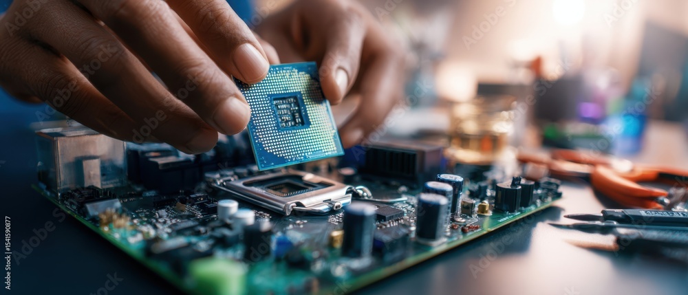 Poster the technician installing a microchip on a motherboard in a modern workspace.