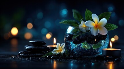 Tranquil spa scene with flowers and stones