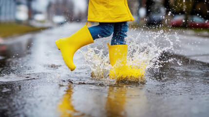Kid in yellow rain boots splashes joyfully in puddles during a rainy day in the city
