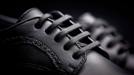 Detailed close-up of black leather shoes showcasing intricate lacing design and texture
