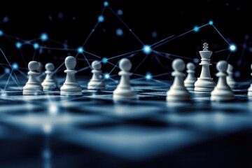 Abstract social network of pawns and chess figures, connected nodes, dark background