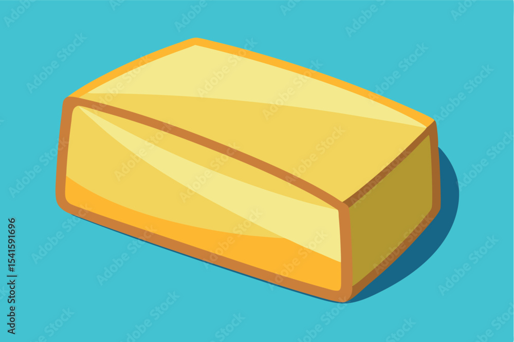 Poster bright yellow butter block sits on a blue surface, showcasing a smooth and shiny texture with a hint