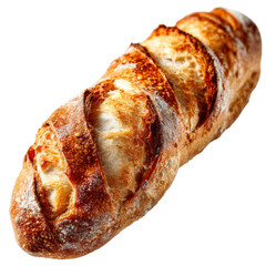 A freshly baked artisanal baguette with a golden, crispy crust and a textured surface. Png, Transparent background.
