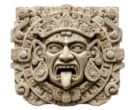 Aztec stone mask ancient sculpture intricate carving circular design fierce expression tongue out detailed pattern historical artifact cultural symbol isolated transparency background