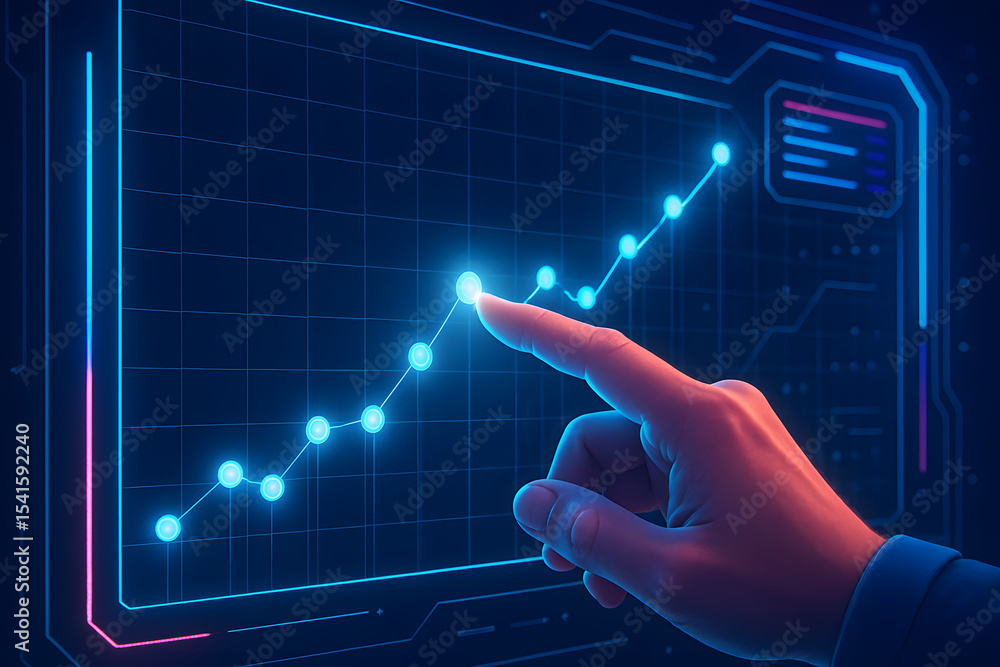 Poster data analysis at a glance: futuristic display depicts an upward trend, emphasized by a pointing fing