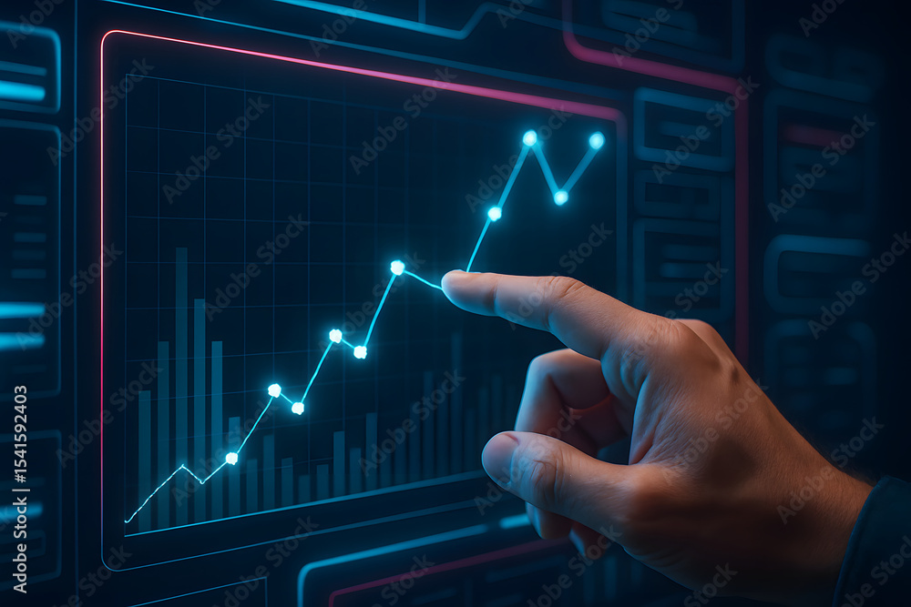 Poster ascending digital insights: an individual hand interacting with a digital interface, visualizing a g