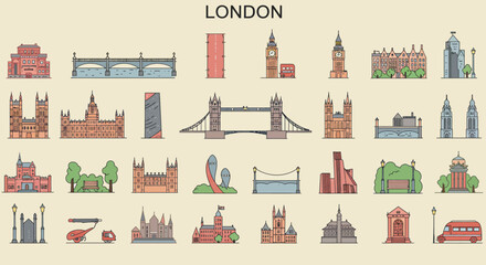 Collection of iconic London landmarks, depicted in a simple line and color style.