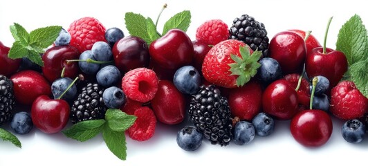 The vibrant assortment of fresh berries and cherries with mint leaves.