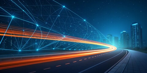 Futuristic City Sunset Highway Neon Light scape Stock Illustration , A futuristic city with glowing neon lights and a bridge, 

