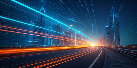 Futuristic City Sunset Highway Neon Light scape Stock Illustration , A futuristic city with glowing neon lights and a bridge, 

