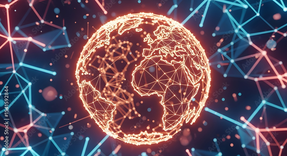 Poster global network connection: a mesmerizing digital rendering of the earth, illuminated with glowing li
