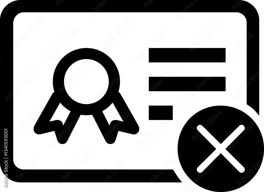 Poster certificate icon with a seal and text lines marked with an x symbol in a black and white design styl