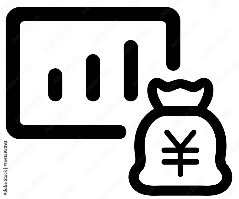 Poster outline icon showing a rising bar graph next to a money bag with a yen symbol on the front side