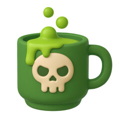 Cute 3D green mug with skull design and bubbling toxic drink, spooky Halloween element isolated on white
