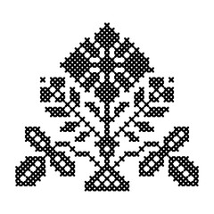 A flower in the style of cross-stitch. Symmetrical flower pattern made with black crosses. Creativity and needlework. Cross-stitch. Vector illustration on a white background for design and web.
