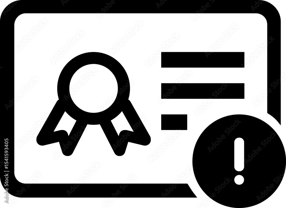 Poster black and white certificate icon with seal and exclamation mark indicating an error or issue on docu