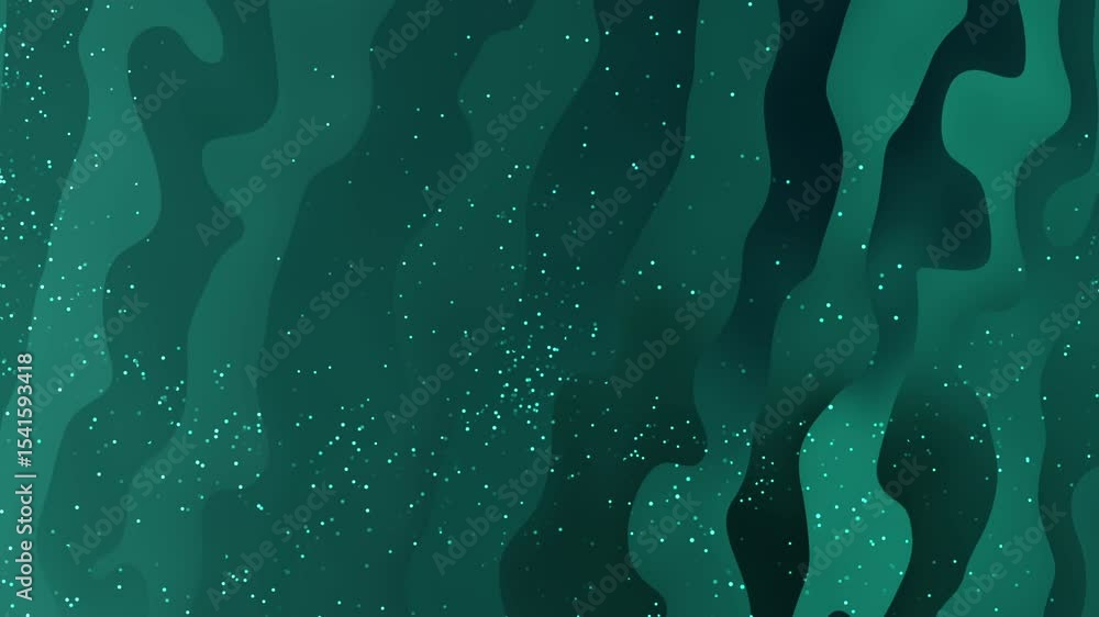 Poster dark teal green gradient background with vertical wavy lines and scattered small bright teal sparkle