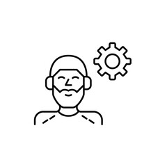 Man in headphones and cogwheel. Audio settings, personalized listening, sound configuration, media control, user audio preferences. Pixel perfect, editable stroke vector icon