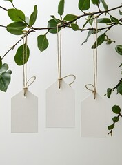 Three blank white tags, tied with light brown twine, hang from a branch with lush green leaves against a plain white background