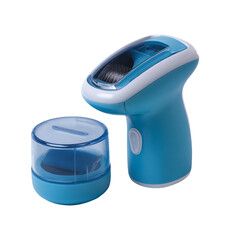 Teal-colored handheld lint remover with a transparent container.