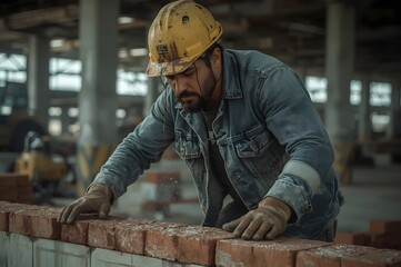 Close up of industrial bricklayer installing bricks on construction site