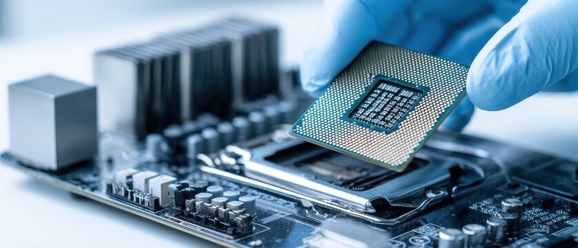 The meticulous installation of a CPU onto a motherboard in a modern workspace.